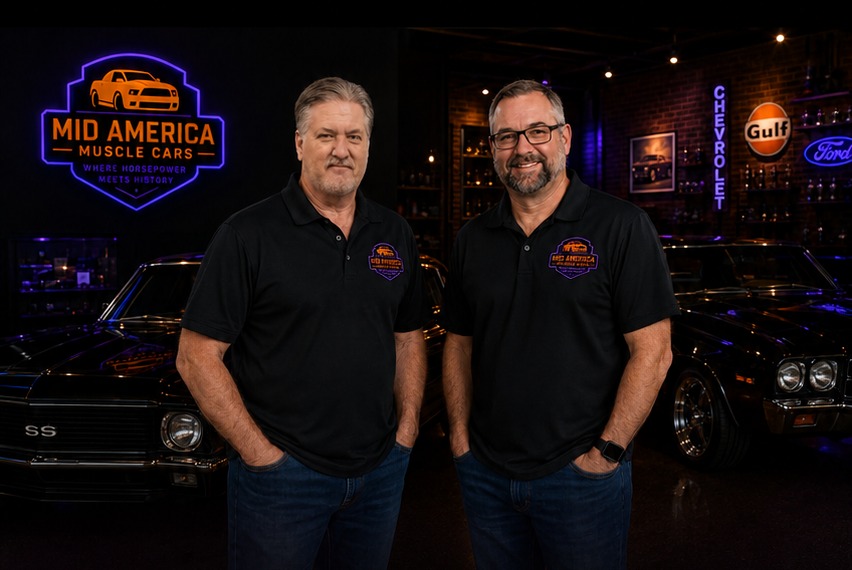 Scott Halvorson and Joe LaVar inside the Mid-America Muscle Cars showroom
